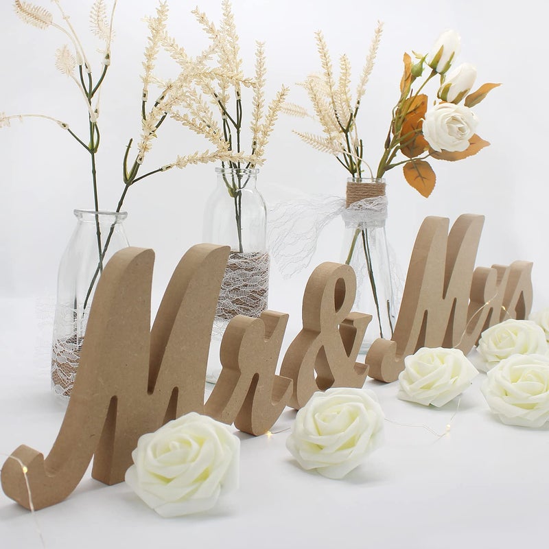 BLOOBLOOMAX Wooden Mr and Mrs Sign, Rustic Mr. & Mrs. Letters Wedding Signs for Wedding Table, Miss Mr. Deroation for Photo Props/Party Table/Anniversary/Valentine's Day/Wedding & Engagement, Wood Color - Image 1